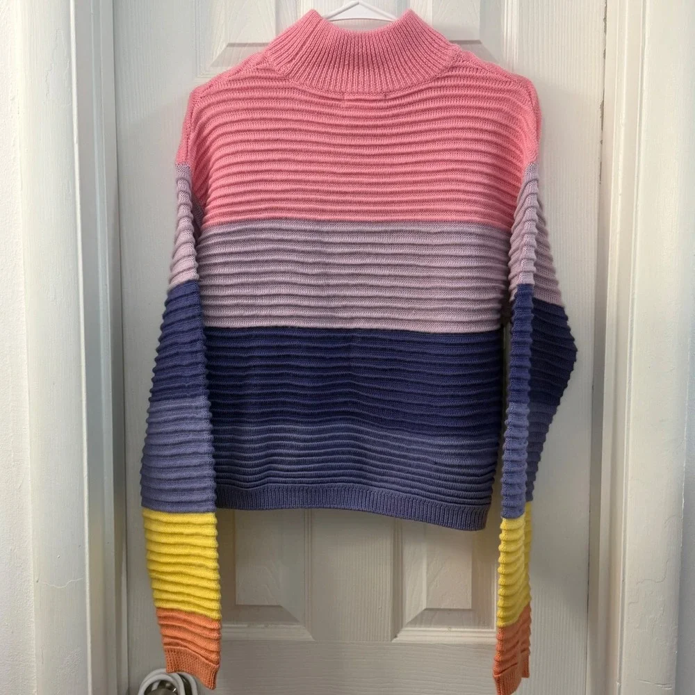 Lovers + Friends Striped Mock Neck Sweater‎ Pink Purple Blue Yellow Size M Wool